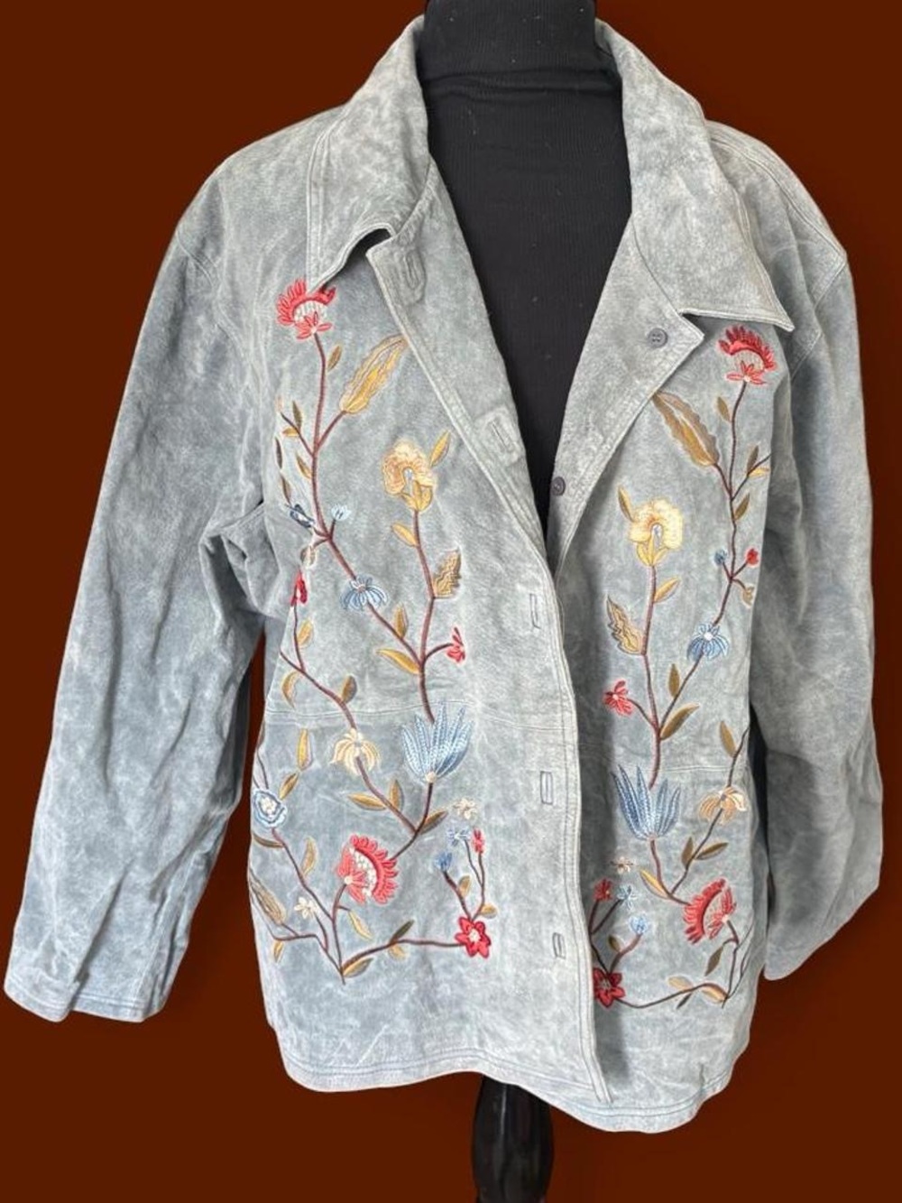 Vintage Embroidered Floral blue-Grey Suede Jacket - Women